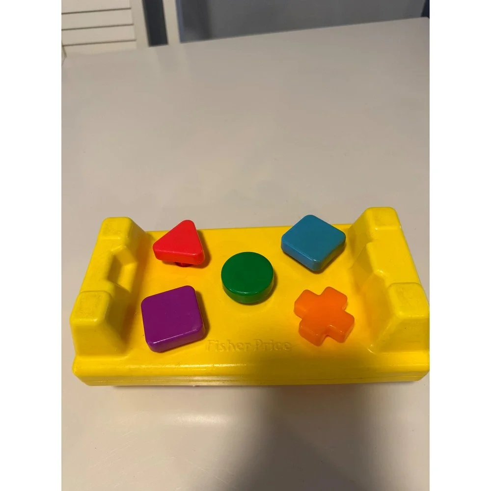 Vintage Fisher Price Tap-A-Shape Peg Bench Toy Yellow Colorful Shapes no hammer